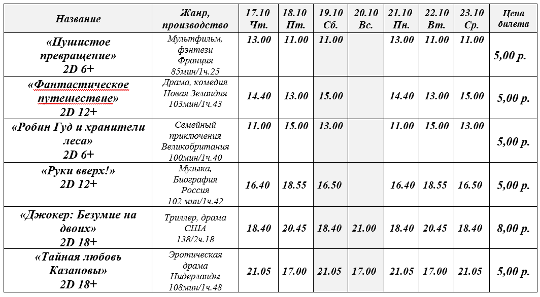 Афиша кинотеатра Октябрь г.Барановичи