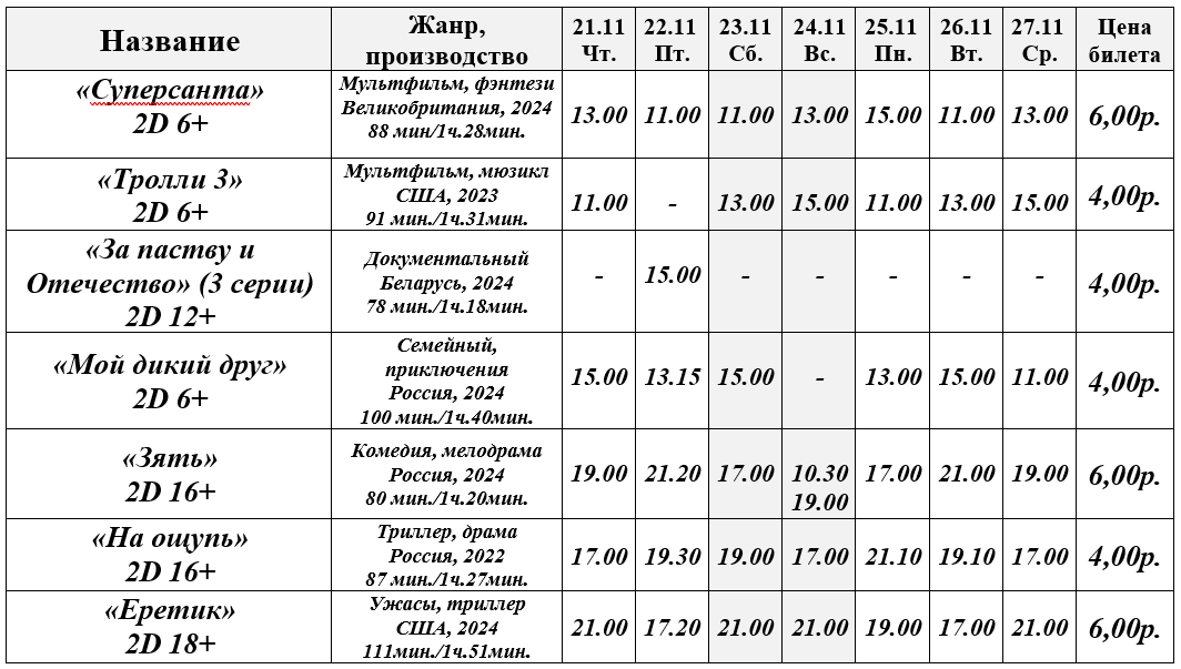 Афиша кинотеатра Октябрь г.Барановичи